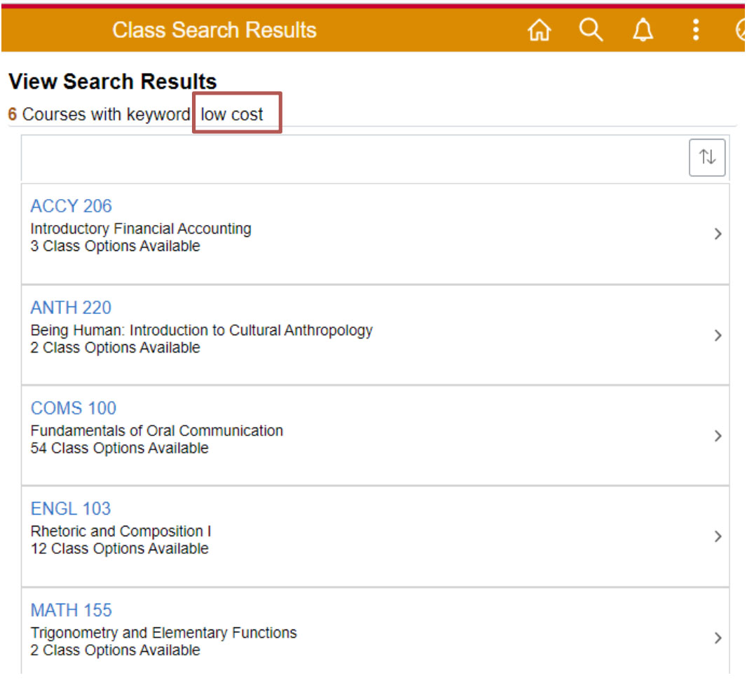 searching by keyword low cost will generate list of courses
