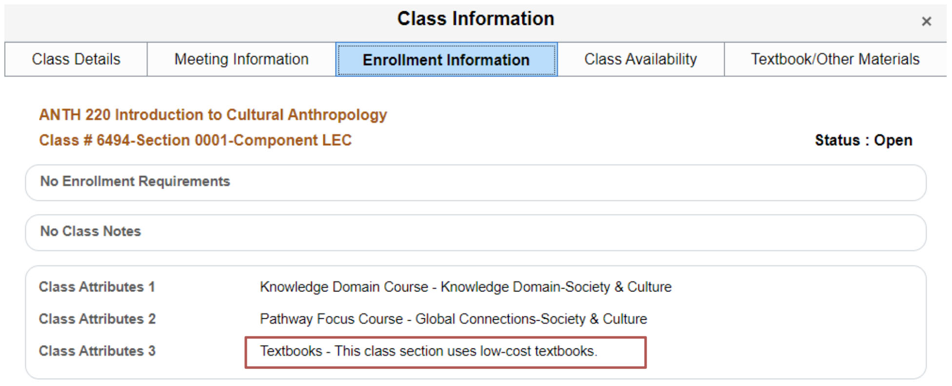 under the Enrollment Information tab, class attributes, including textbooks, are available