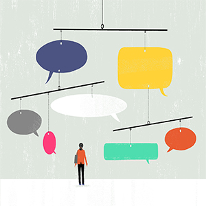 illustration of woman viewing a mobile made of conversation bubbles