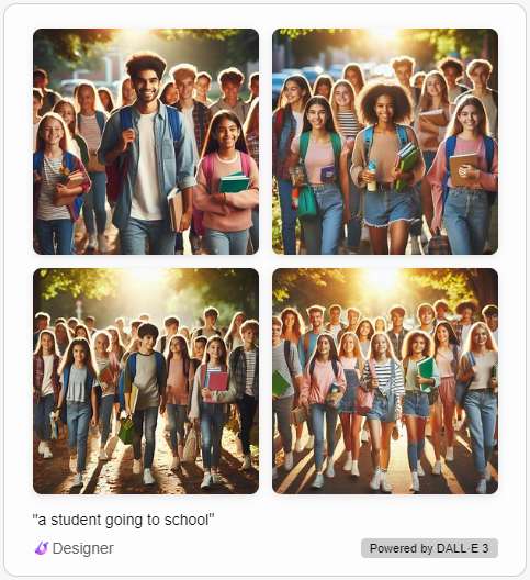 four images of students going to school showing variations in age, gender, and race