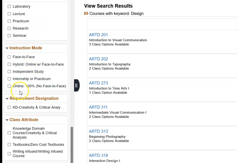 under "Class Attribute" pane, option to filter by "Textbooks/Low Cost" or "Textbooks/Zero Cost"