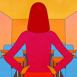 silhouette of woman at front of classroom with hands on hips