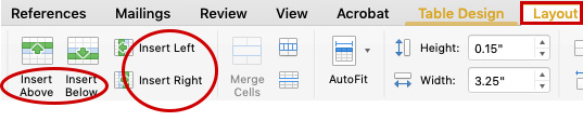 inserting rows and columns using the buttons from within the Table Layout tab