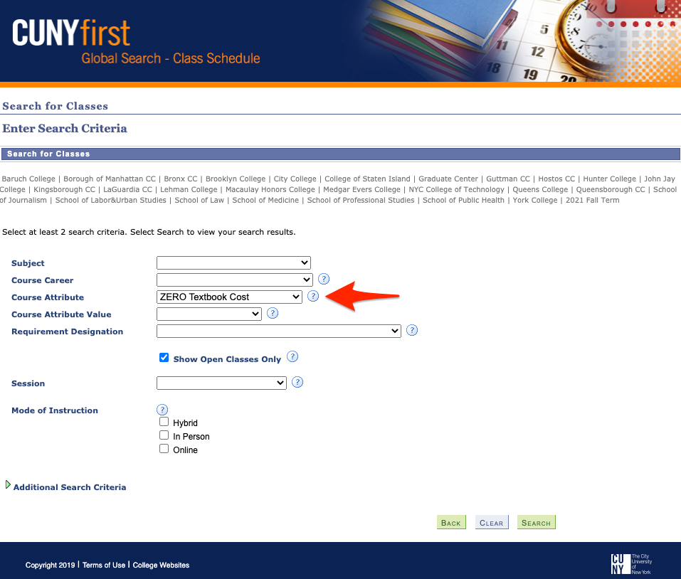 Zero Textbook Cost course attribute selected