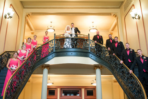 Grand stair case with wedding party