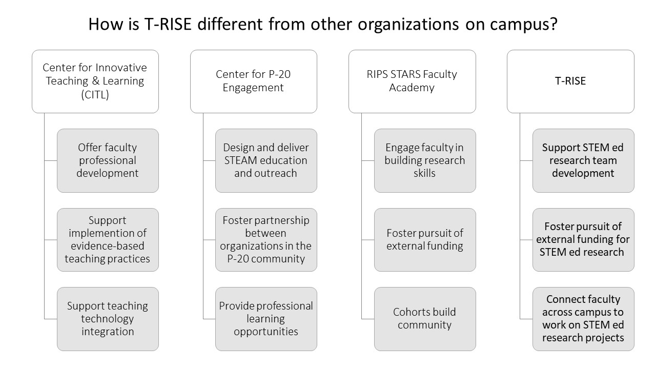 Flow chart shows three goals of various NIU programs to distinguish T-RISE from other programs.   The NIU Center for Innovative Teaching and Learning focuses on faculty professional development, and implementation of evidence-based teaching and technology. The Center for P-20 Engagement leads STEAM outreach, partnerships, and professional learning. The RIPS STARS Faculty Academy helps individual faculty build skills and pursue external funding for research. T-RISE fosters teams working on STEM education research to pursue external funding.