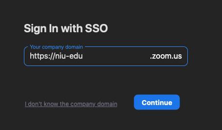 Your Company Domain field filled with https://niu-edu
