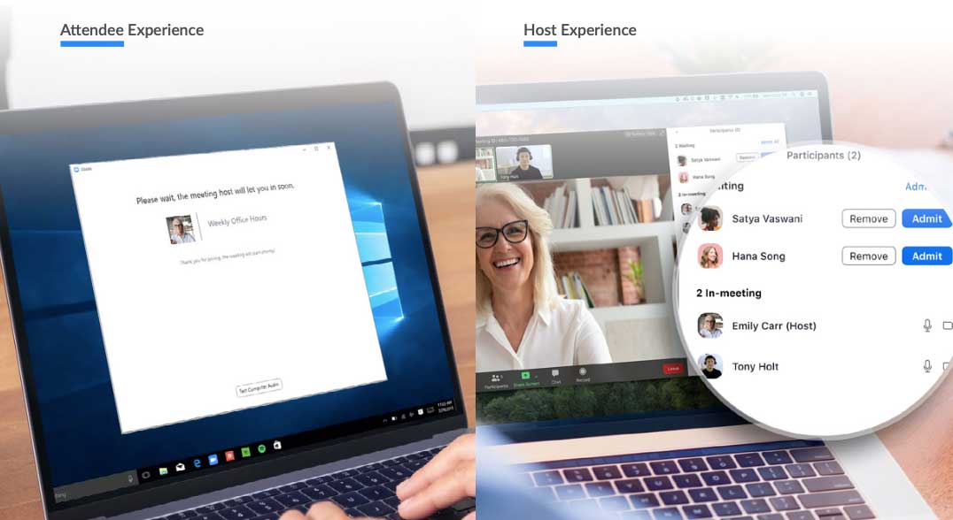 woman participating in Zoom meeting, view from both host and participant perspectives