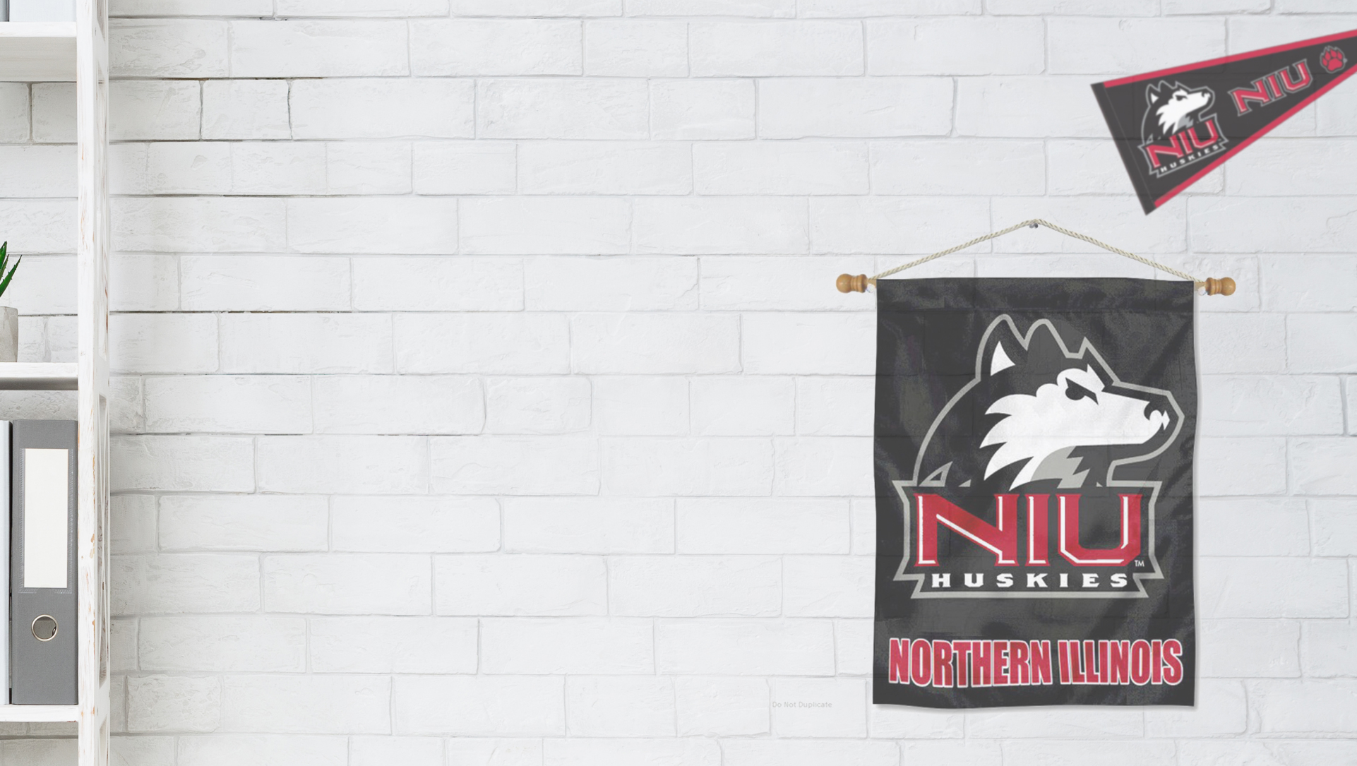 Zoom background - white brick wall with NIU pennants