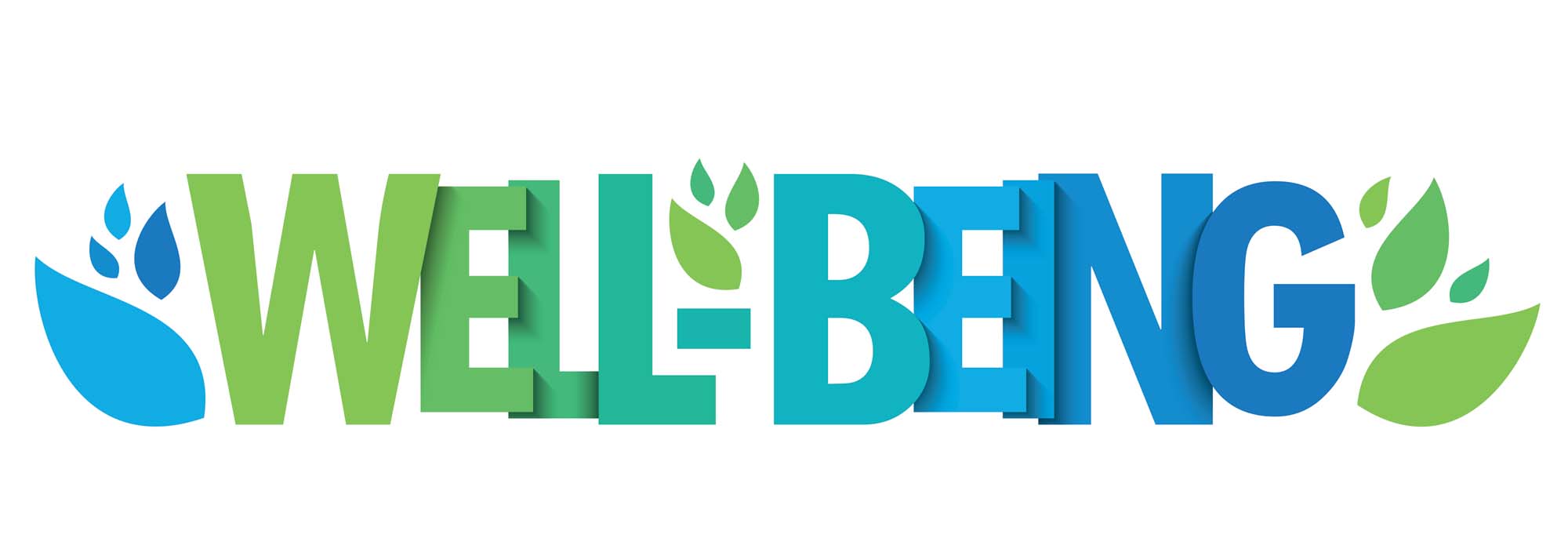 Well-being spelled out in block letters in a green to blue gradient with green leaves to the right and blue leaves to the left of the words.