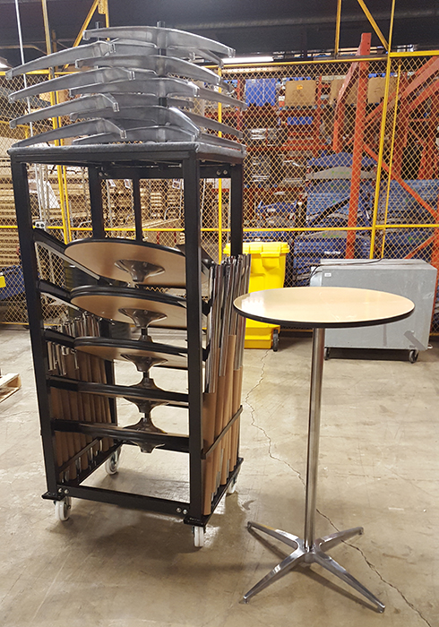 Stack of cocktail tables and one assembled table