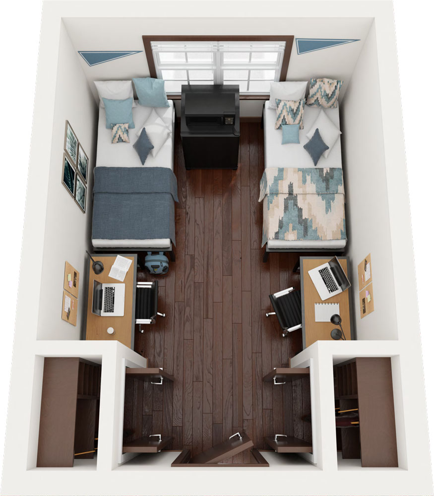 Gilbert double rooms include with two single beds placed along opposite walls. At the far end of the room is a window with a stacked microwave and mini fridge below. Two desks with chairs face inward along each side near the entrance. The room has dark wood flooring and closet spaces on either side of the doorway.