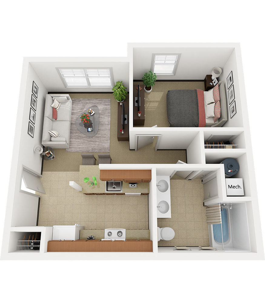 The Northern View apartments include utilities like water, electricity, heating and air conditioning, and trash services, along with fully equipped kitchens and in-unit laundry. Apartment layouts vary by size, with one or more bathrooms depending on the unit. Residents also have access to NIU Wi-Fi, Ethernet connections, the Huskie Bus Line, printing and lab resources in the Community Center, outdoor bike racks, and year-round availability during breaks.