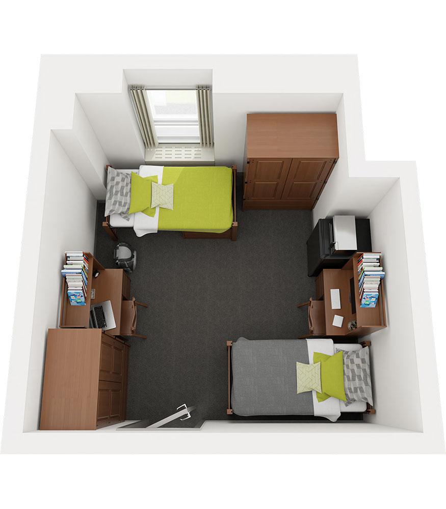 The Stevenson double room is designed for two residents and includes, for each person, a bed, wardrobe, desk, large and small dresser, rolling chair, and movable shelf with a bulletin board. Additional features include sliding keyboard trays, a MicroFridge, Ethernet port, window drapes, overhead lighting, and mirrors in the wardrobes.
