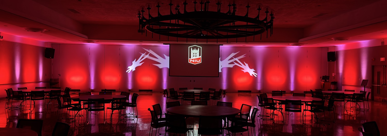 The Regency room at the Holmes Student Center decked out in red and pink lights