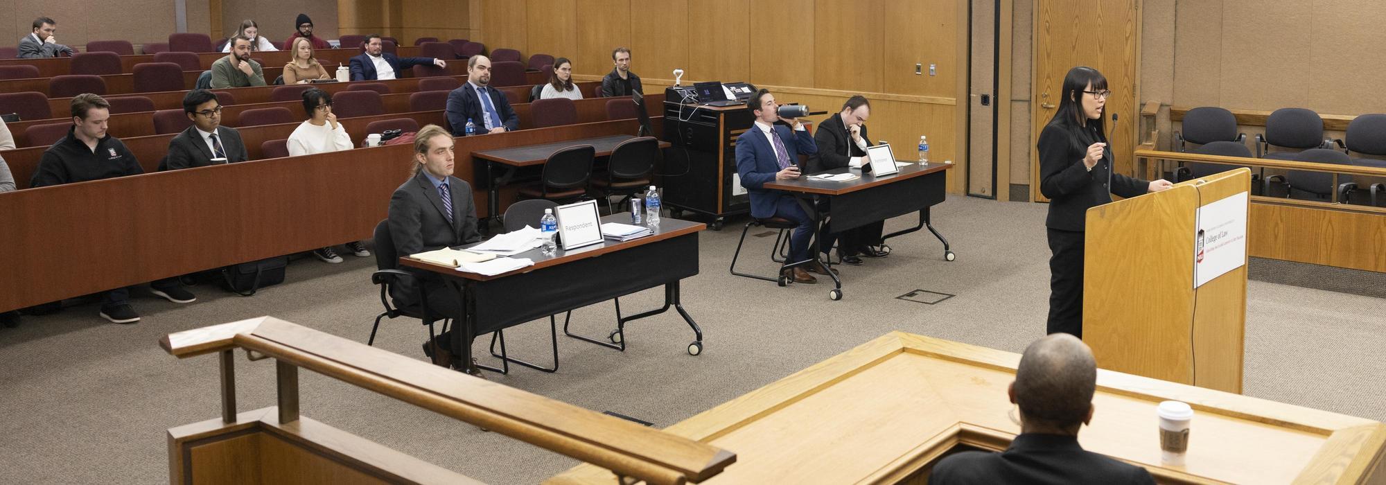 Student speaking during Moot Court competition