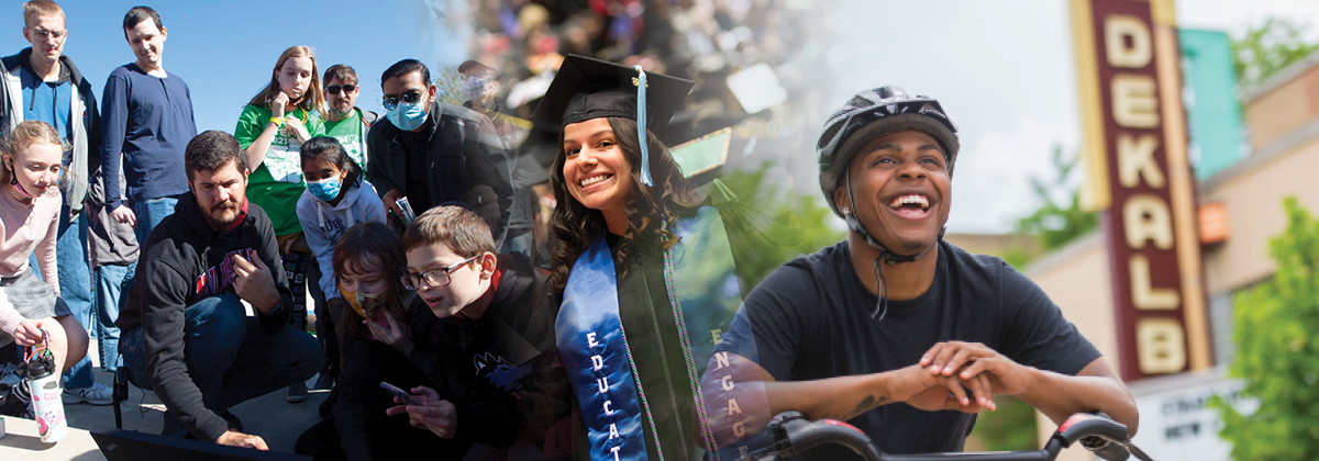 Blended image of students at STEMFest, NIU graduate at commencement and a community member enjoying a bike ride in downtown Dekalb, Illinois 