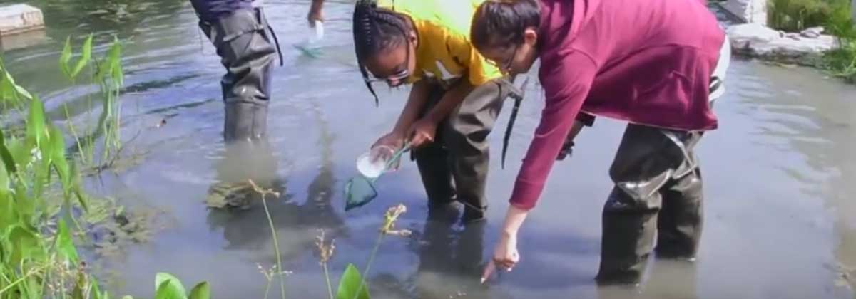 Girl and teacher in pond