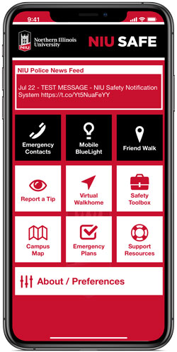 Phone screen showing tiles on NIU Safe app